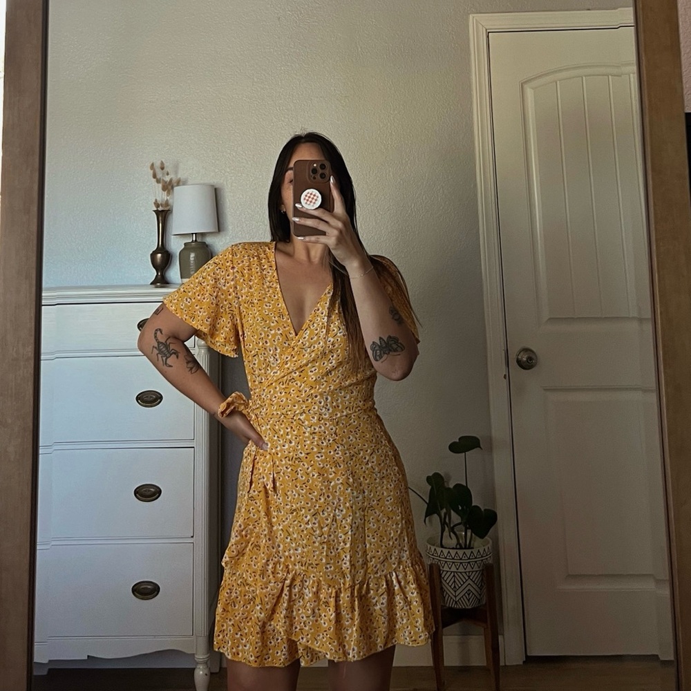 Yellow Floral Wrap Dress